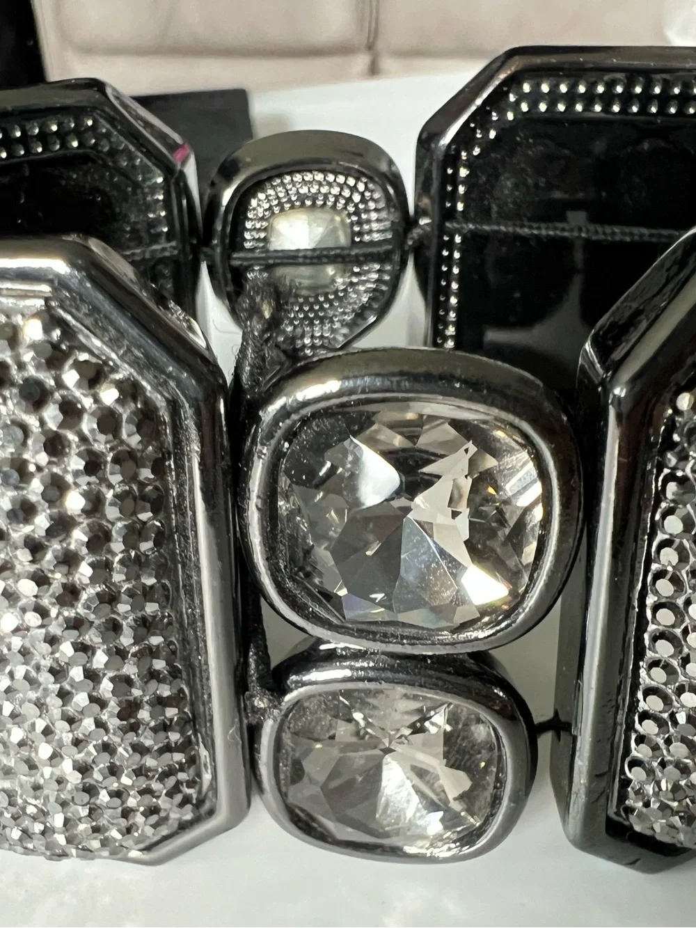 Chunky Geometric Gunmetal & Silver Rhinestone Statement Stretch Bracelet